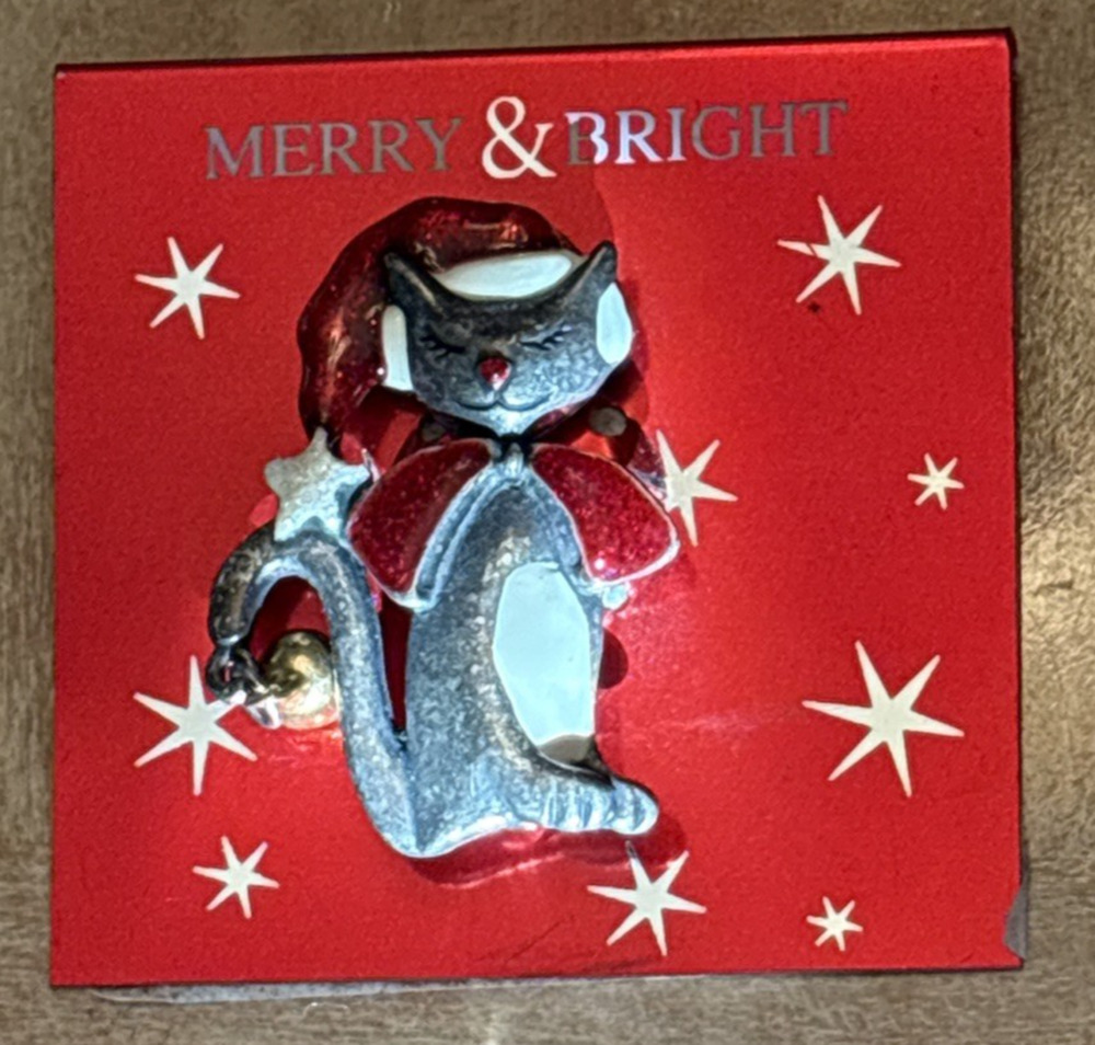 Vintage AJMC Brooch Cat Pin / Brooch Pewter Glitter Enamel Jingle Bell 1-5/8"